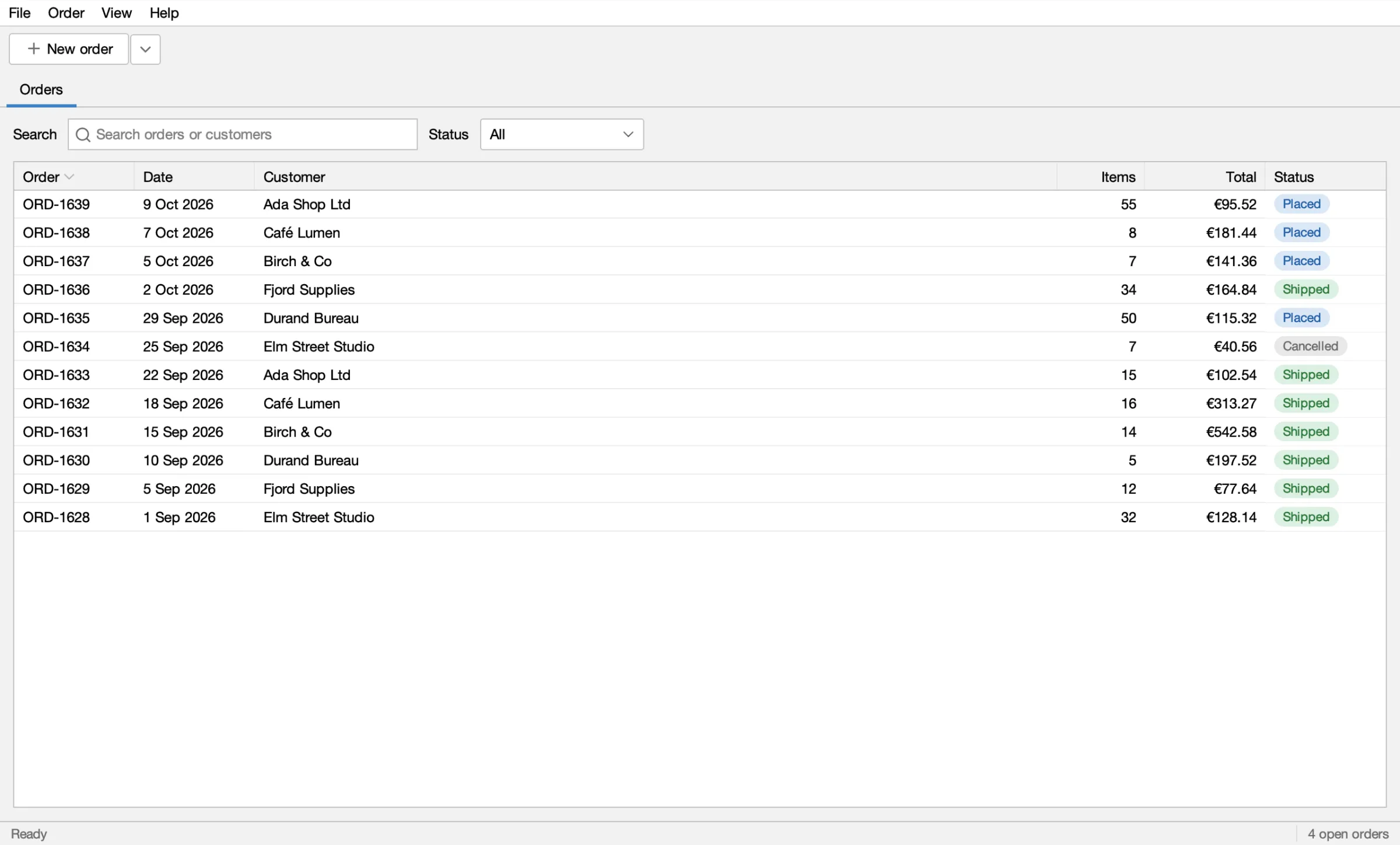 Order Desk, the demo app, on its Orders tab