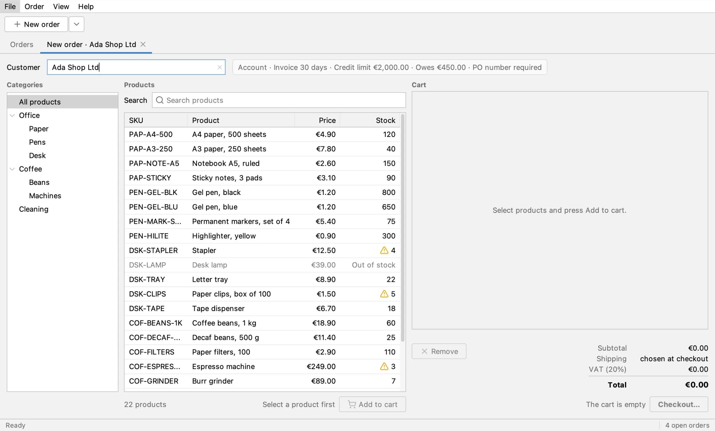 The New order tab for Ada Shop Ltd with the account terms