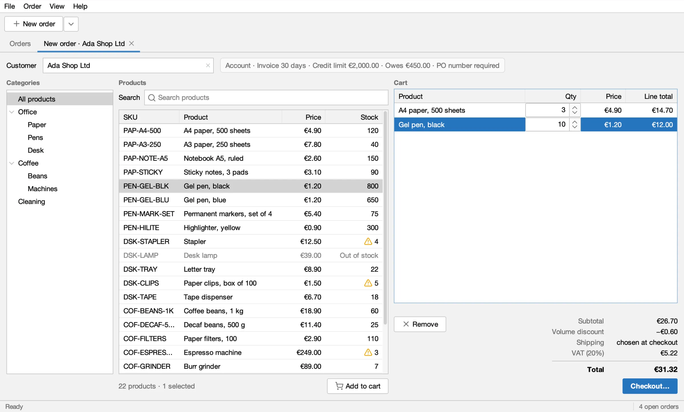 The New order tab for Ada Shop Ltd with products in the cart