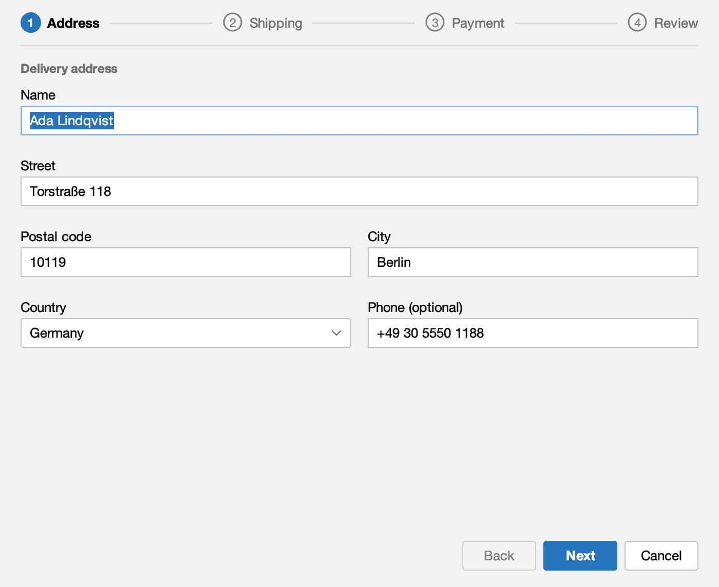 Checkout, step 1: the delivery address
