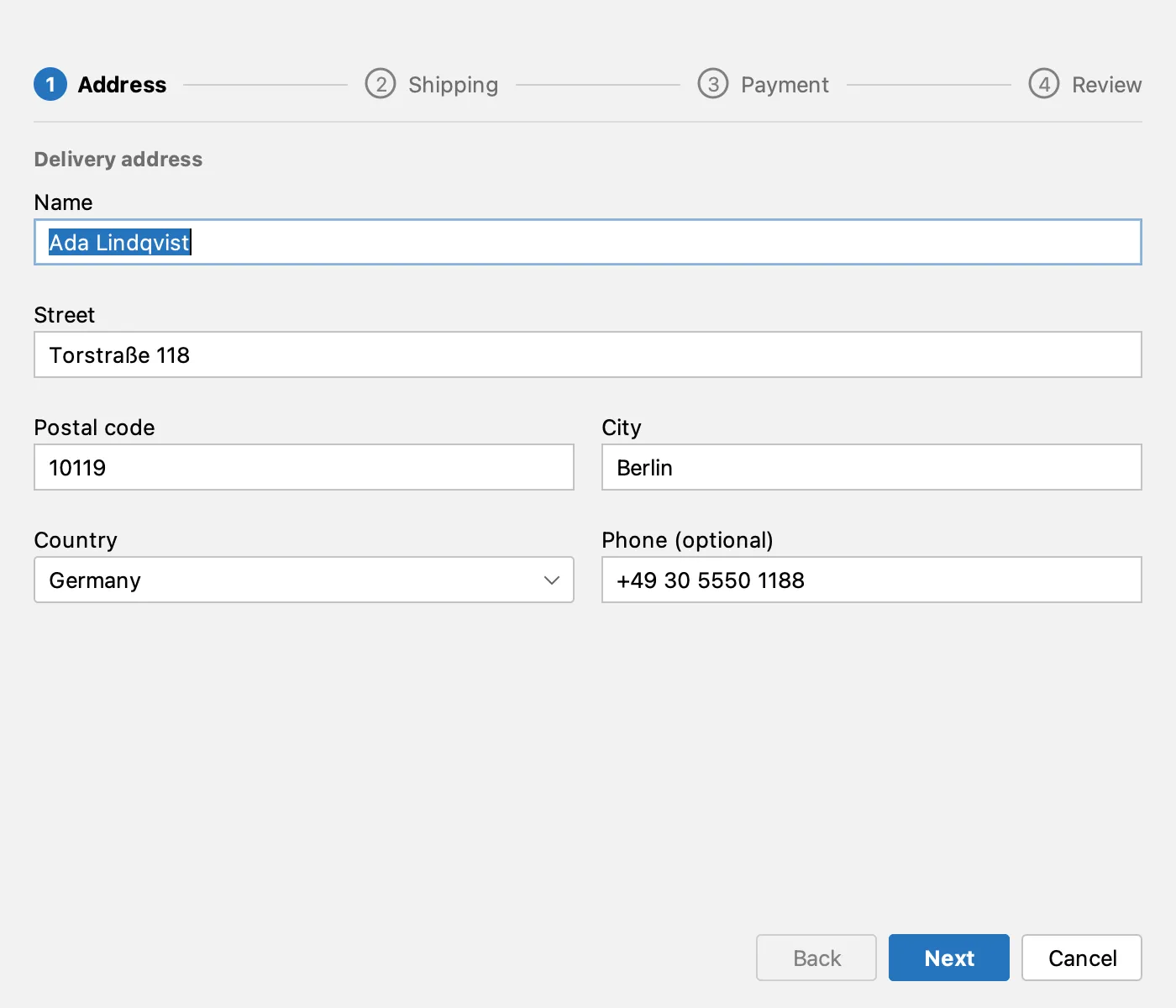 Checkout, step 1: Ada's delivery address
