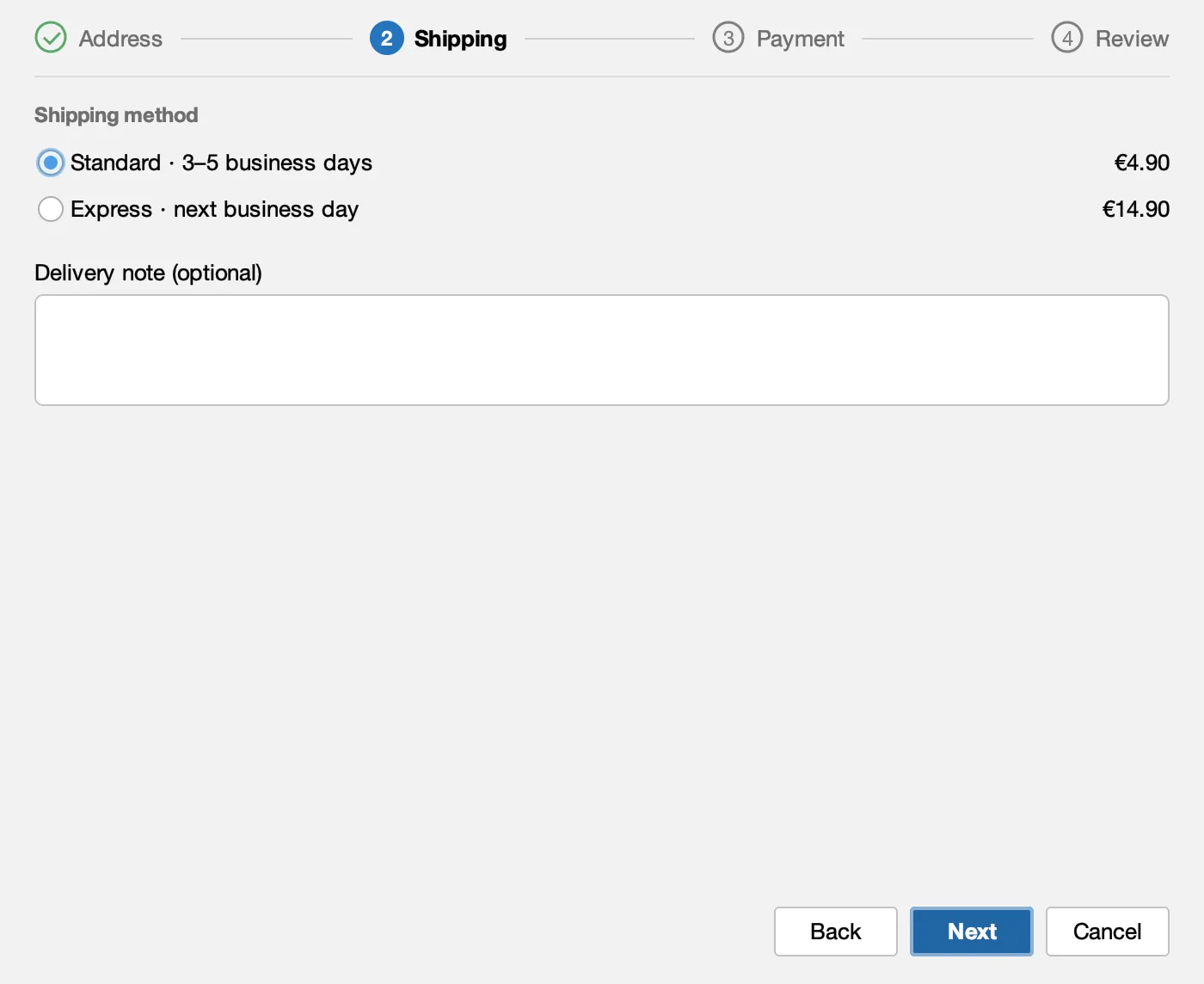 Checkout, step 2: shipping method