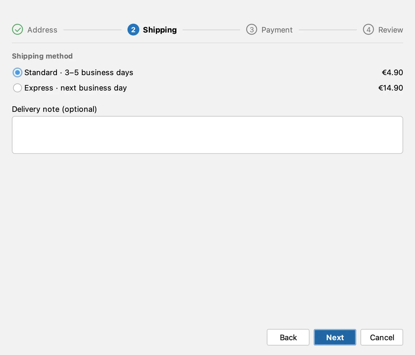 Checkout, step 2: Standard shipping selected