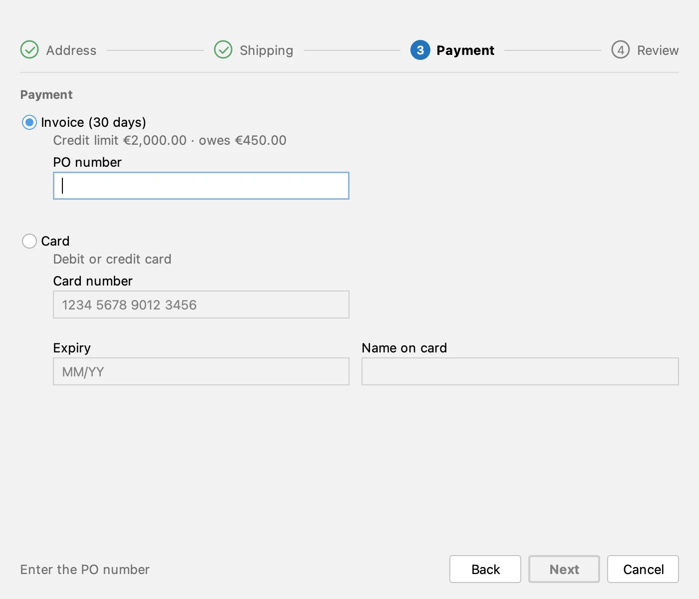 Checkout, step 3: invoice payment waiting for a PO number