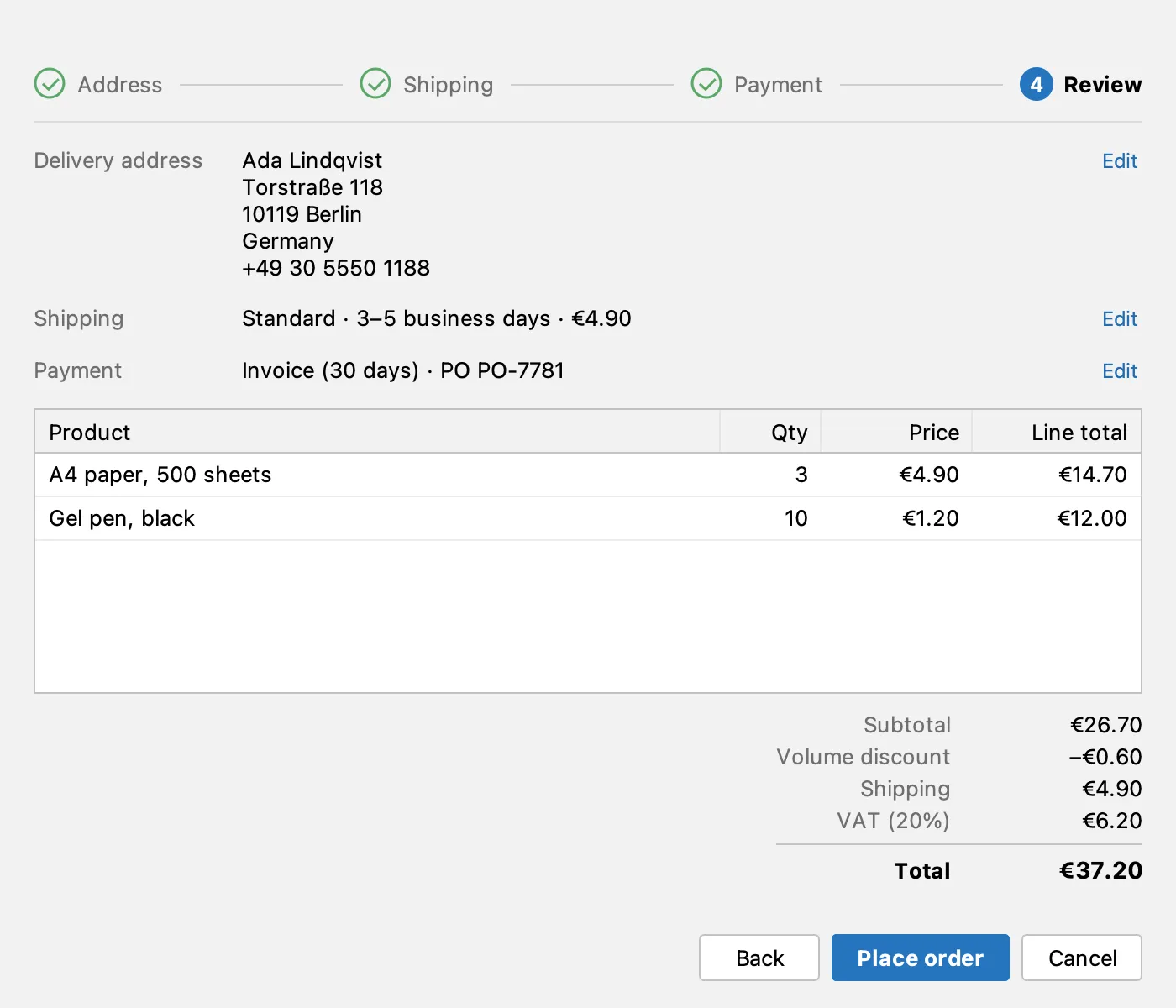 Checkout, step 4: the review with a total of €37.20
