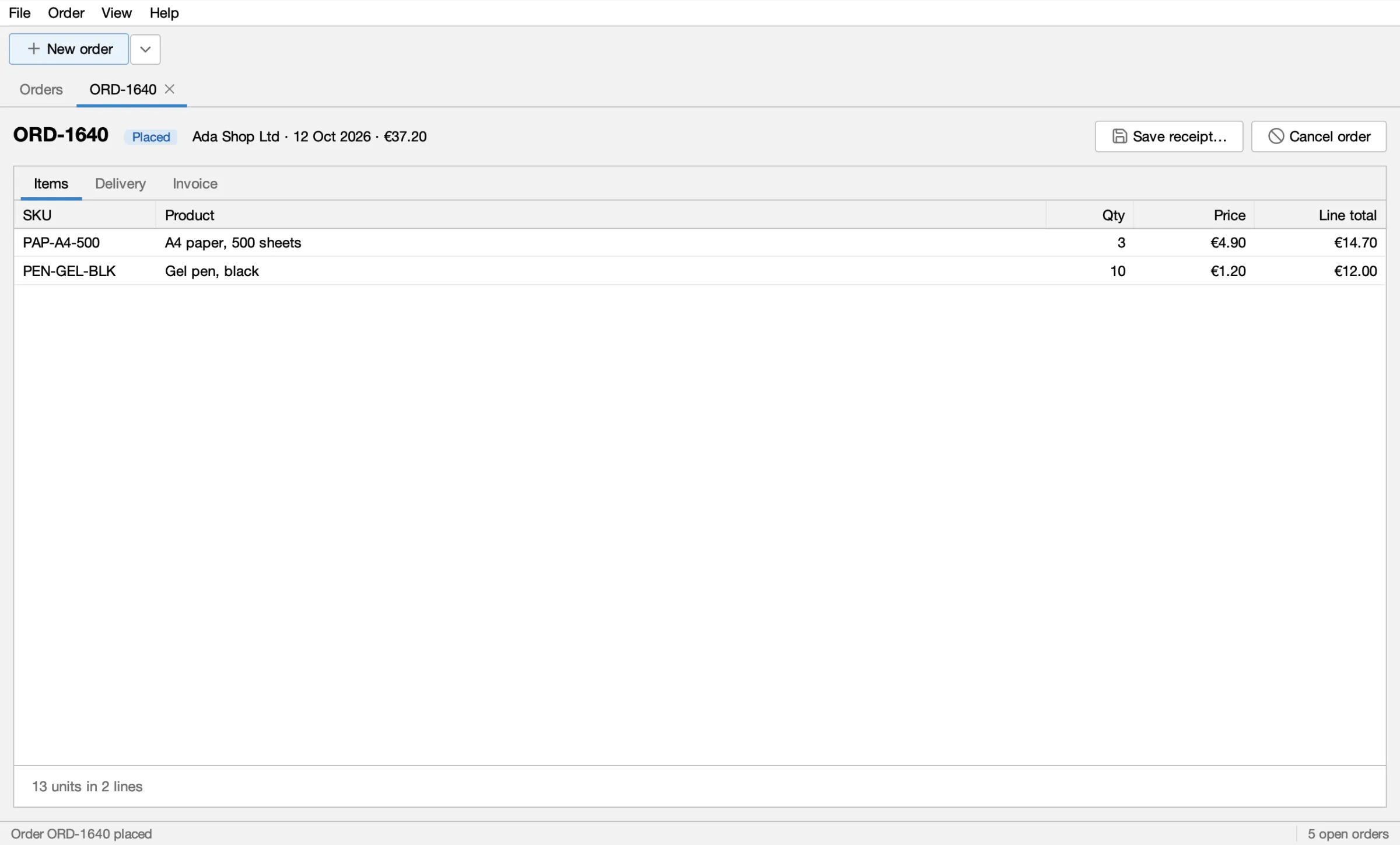 An order's tab with its Items, Delivery and Invoice tabs