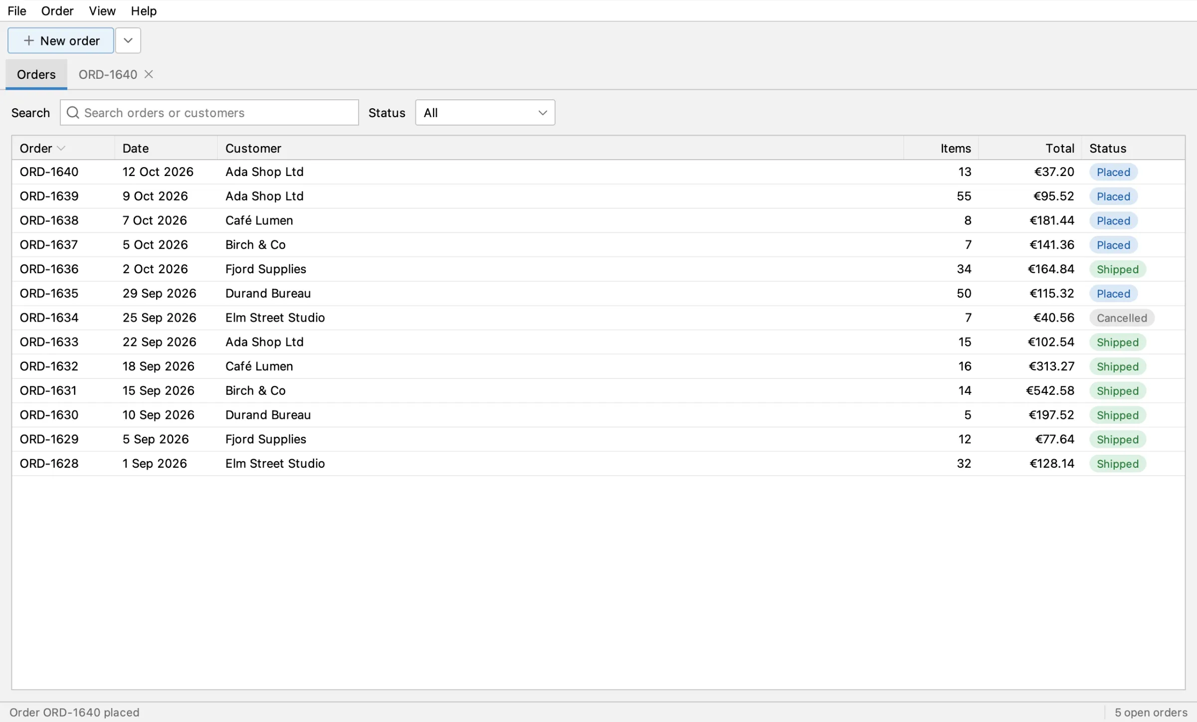 The Orders tab with the new order on top, Placed, €37.20