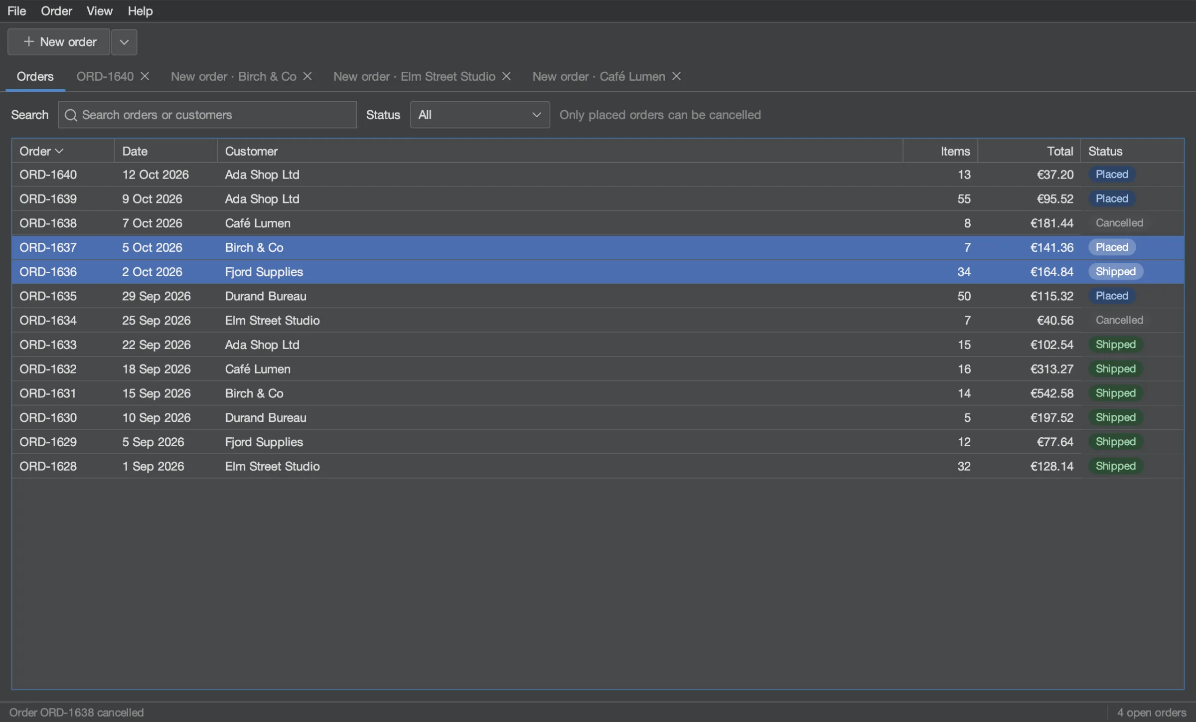 The Orders tab in the dark theme