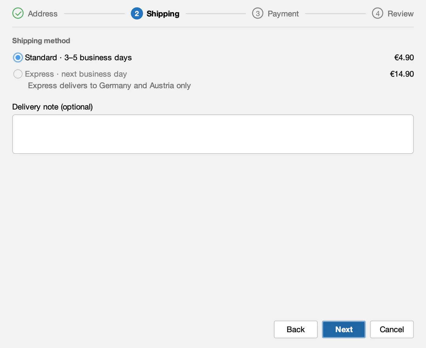 Shipping step with Express disabled for the Netherlands