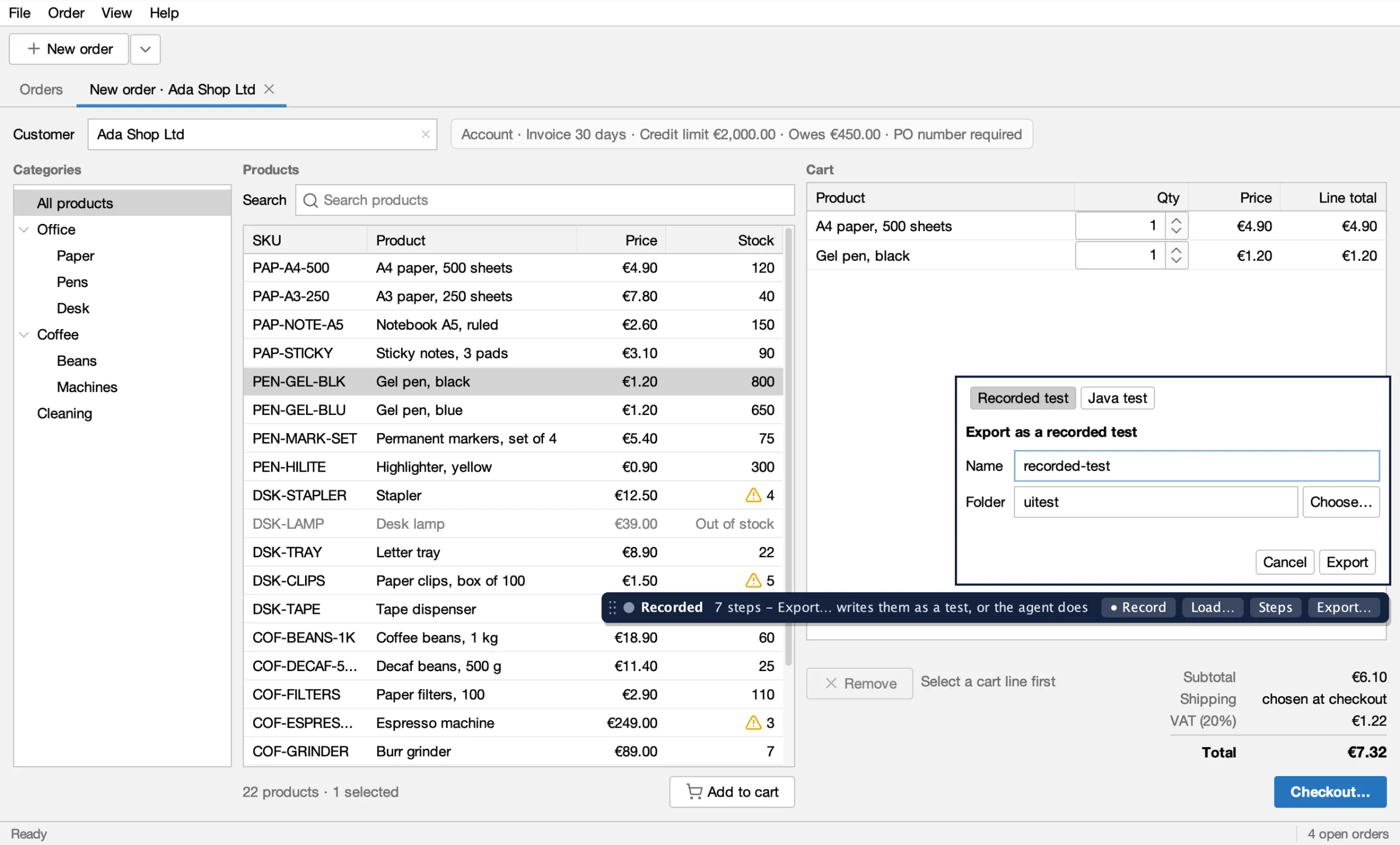 The Export panel over the cart: Recorded test chosen before Java test, a name and the uitest folder, and Cancel and Export buttons