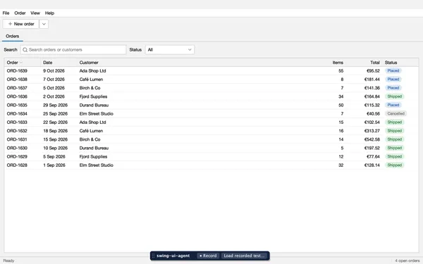 Order Desk right after it starts: the Orders list, and at the bottom the palette's bar with Record and Load recorded test