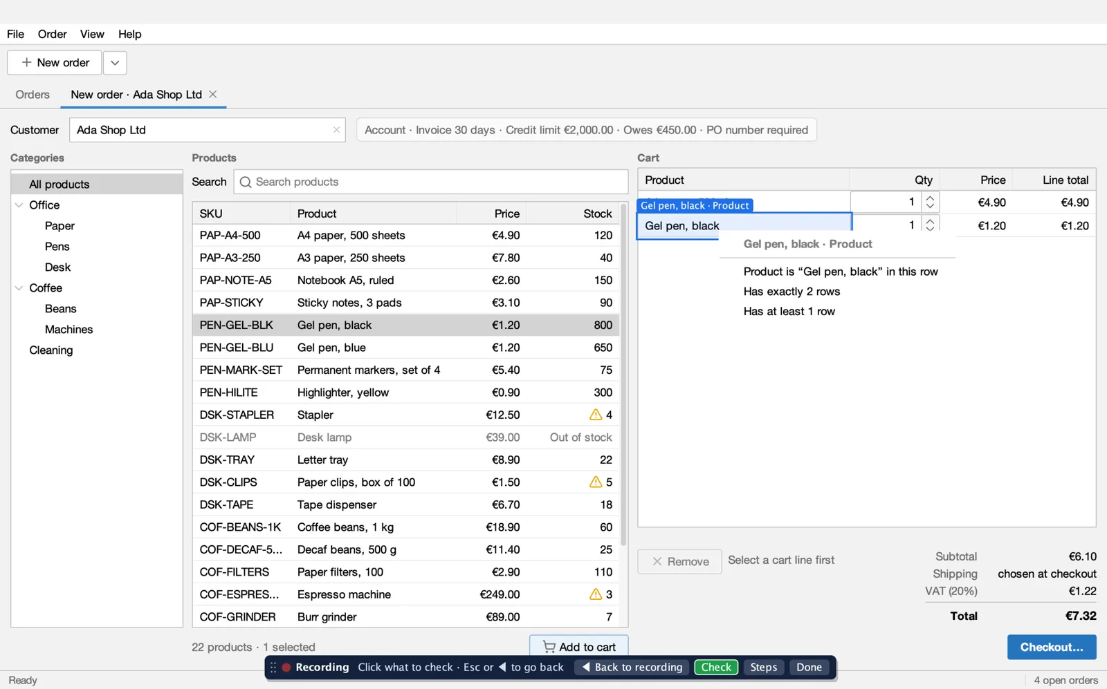 Recording in Order Desk, in Check mode: a click on a cart line opened the Check menu with the checks it offers, such as Product is Gel pen, black in this row