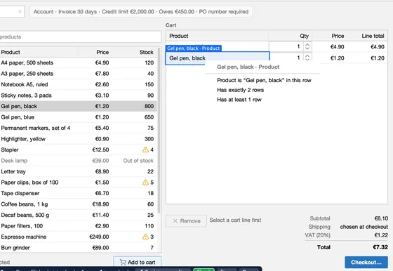 Recording in Order Desk, in Check mode: a click on a cart line opened the Check menu with the checks it offers, such as Product is Gel pen, black in this row