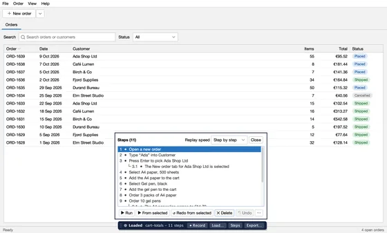 An animation: the recorded test cart-totals replays step by step in Order Desk; the Steps list ticks each step and the five total checks turn green